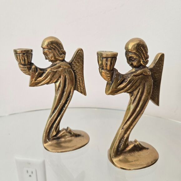 Vtg Solid Brass Set of 2 Kneeling Angel Candle Holders 5" - Small taper candles - Picture 2 of 6